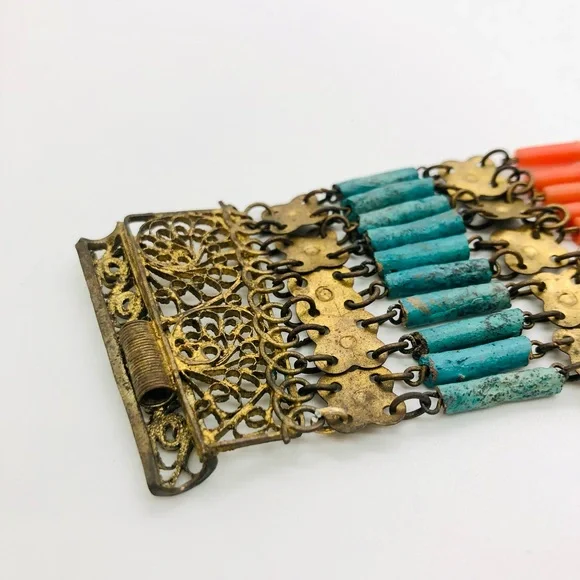 Rare Vintage Egyptian Revival Faience brass filigree bracelet - Picture 6 of 16